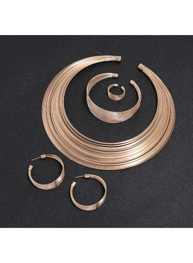 4pcs Golden Womens European And American Style Stylish Jewelry Sets Bar Club Cool Lady Necklace Earring Bangle Sets Gift For Wife - Image 2